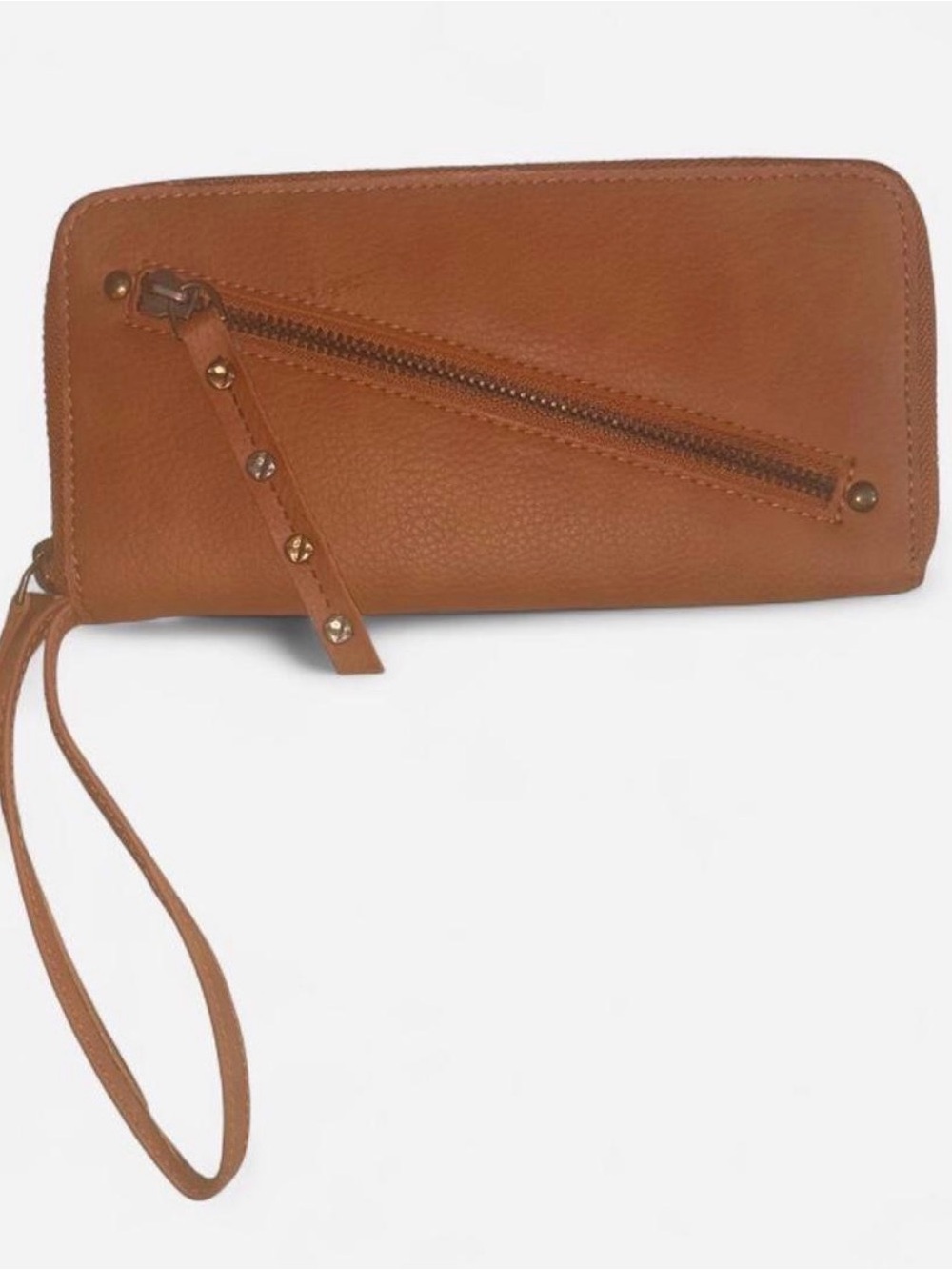 Free People Cognac Leather Wristlet Wallet with Studded Zip Accent